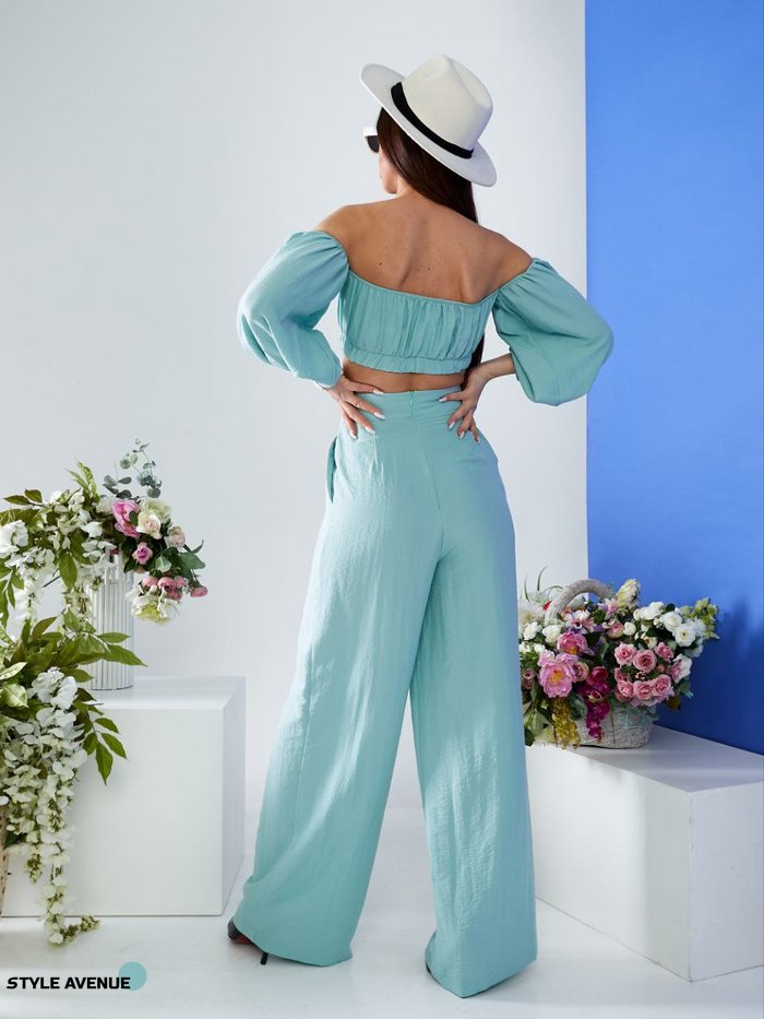 Женский костюм топ и брюки палаццо оливкового цвета 387262 387262 фото