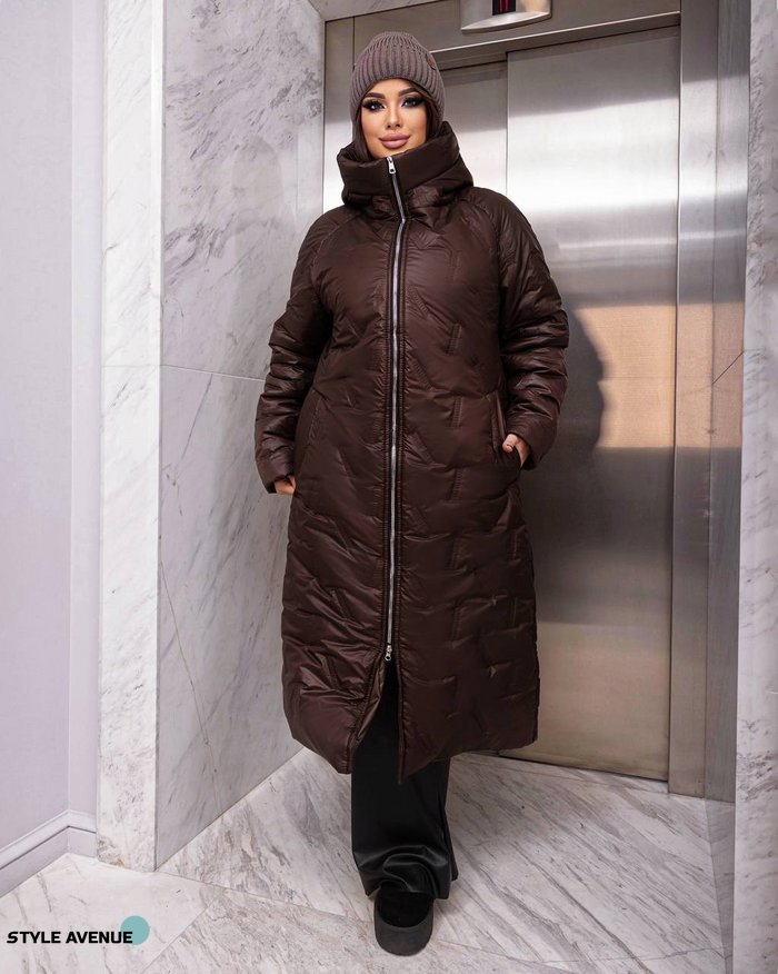 Женское стеганное теплое пальто цвет шоколад р.50/52 448456 448456 фото