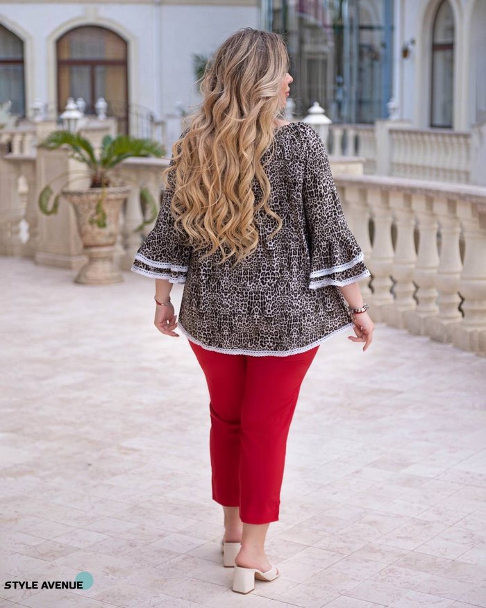 Женская блуза рюши софт с кружевной отделкой и леопардовым принтом р.58/60 380919 380923 фото