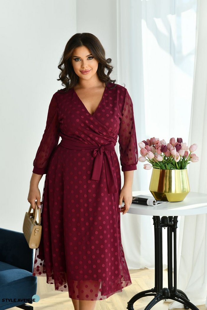 Жіноча сукня на запах в горошок колір бордо р.48/50 443877 443877 фото