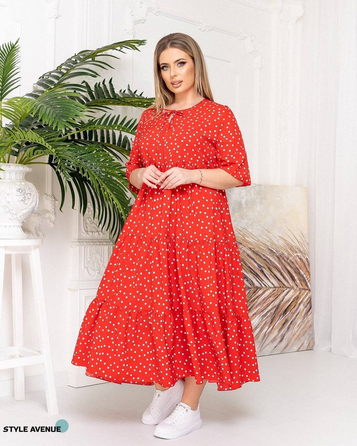 Жіноча довга сукня в горошок червоного кольору 381215 381215 фото