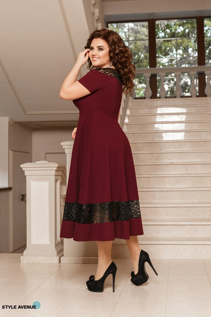 Женское нарядное платье с кружевами цвет марсала р.48/50 374382 381919 фото