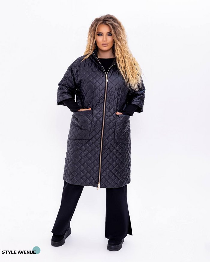 Женская куртка-пальто из плащевки черного цвета р.64 377537 377537 фото