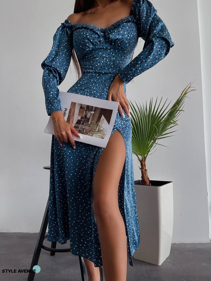 Женское весеннее платье из шелка синего цвета р.42 406462 406462 фото