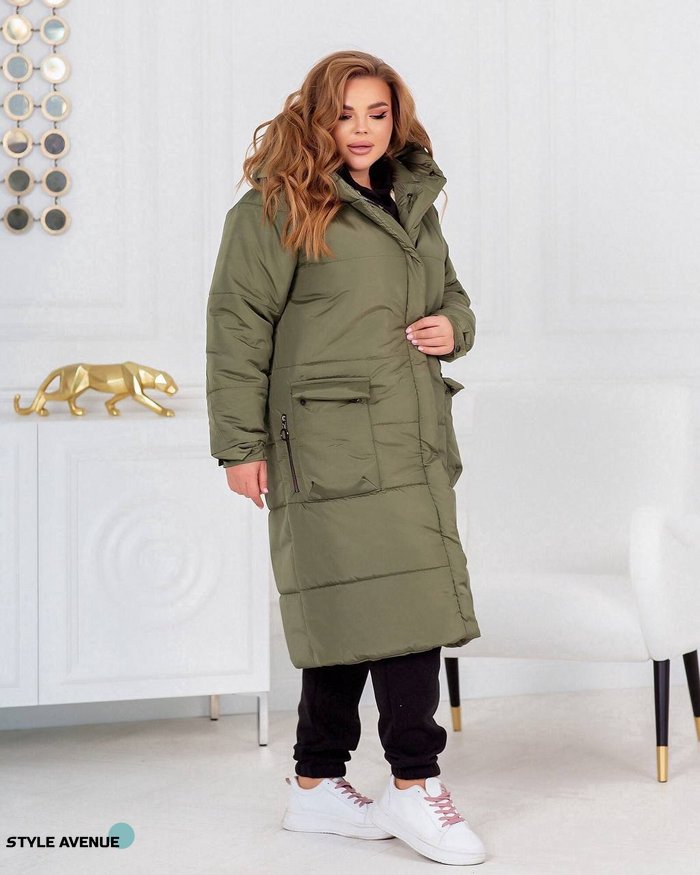 Женская теплая куртка-пальто с капюшоном цвет хаки р.42/44 448985 448985 фото