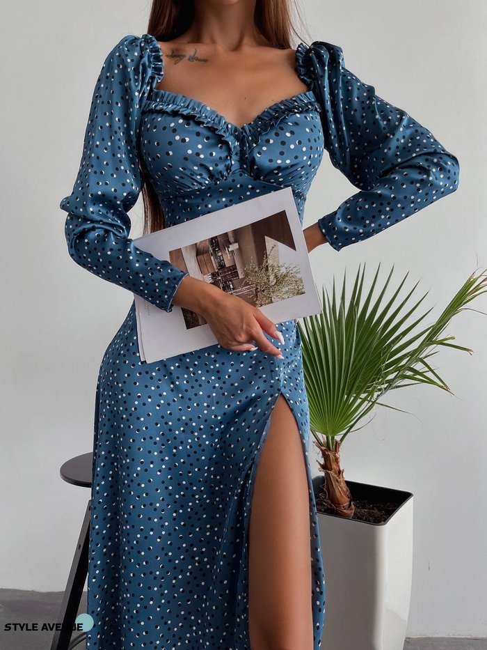 Женское весеннее платье из шелка синего цвета р.44 406534 406534 фото