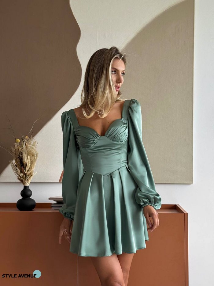 Женское платье мини из сатина цвет оливковый р.42 459580 459580 фото