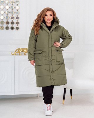 Женская теплая куртка-пальто с капюшоном цвет хаки р.50/52 448987 448987 фото