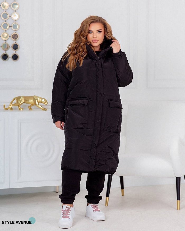 Женская теплая куртка-пальто с капюшоном цвет черный р.42/44 448984 448984 фото
