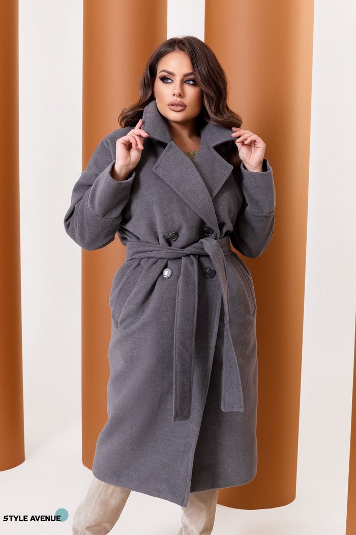 Женское пальто из кашемира на подкладке с поясом серого цвета р.52/54 376163 376163 фото