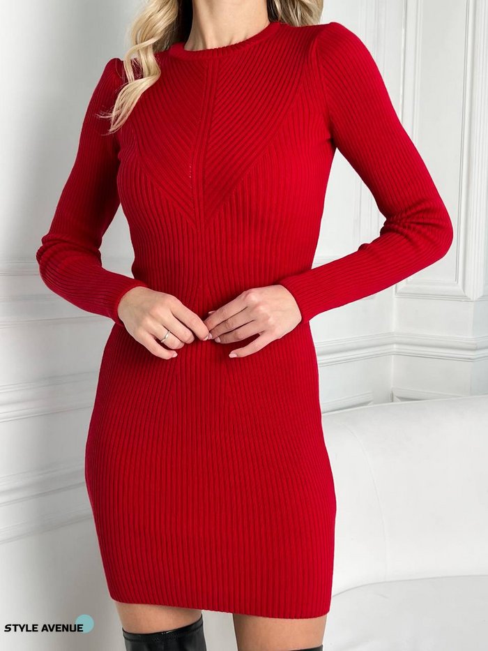 Женское платье мини мелкой вязки с оригиналным узором красное р.42/46 386744 386744 фото