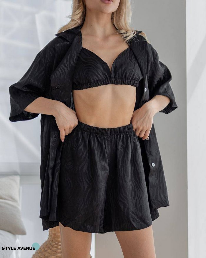 Женский пижамный костюм тройка Monila цвет черный р.L 443847 443847 фото