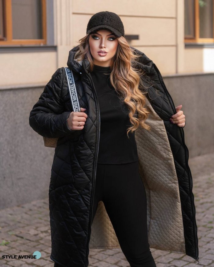 Женское зимнее пальто черное ромб размер 50/52 444886 444886 фото
