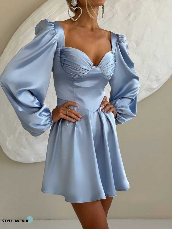 Женское платье мини из сатина цвет голубой р.42 459583 459583 фото