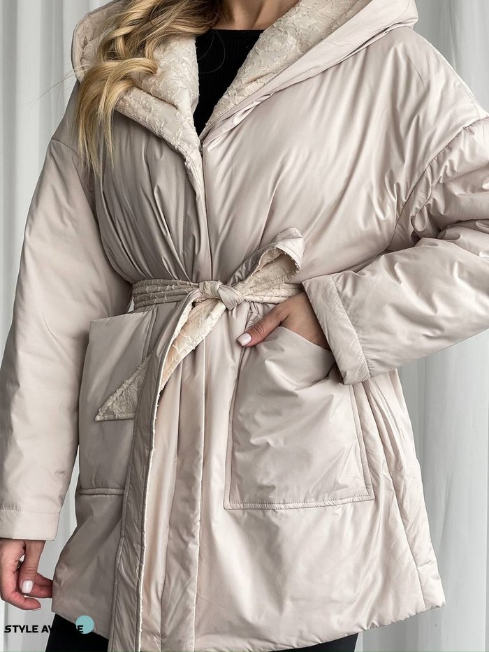 Женская теплая куртка под пояс цвет бежевый р.48/50 450279 450279 фото