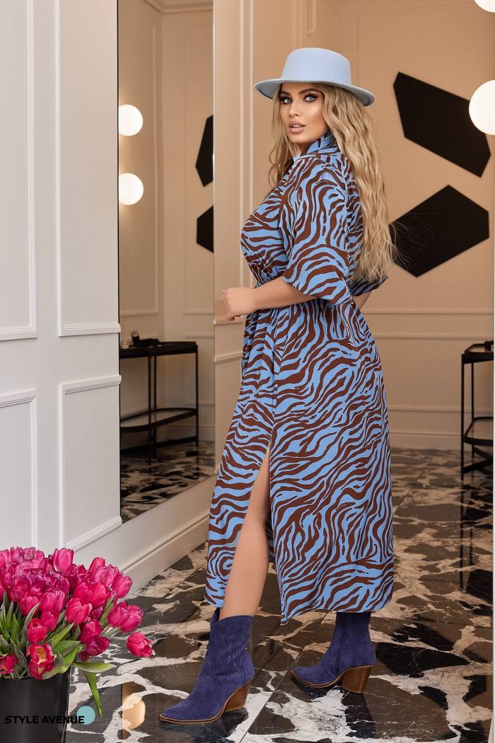 Женское свободное платье из софта цвет голубой-бежевый р.54/56 450718 450718 фото