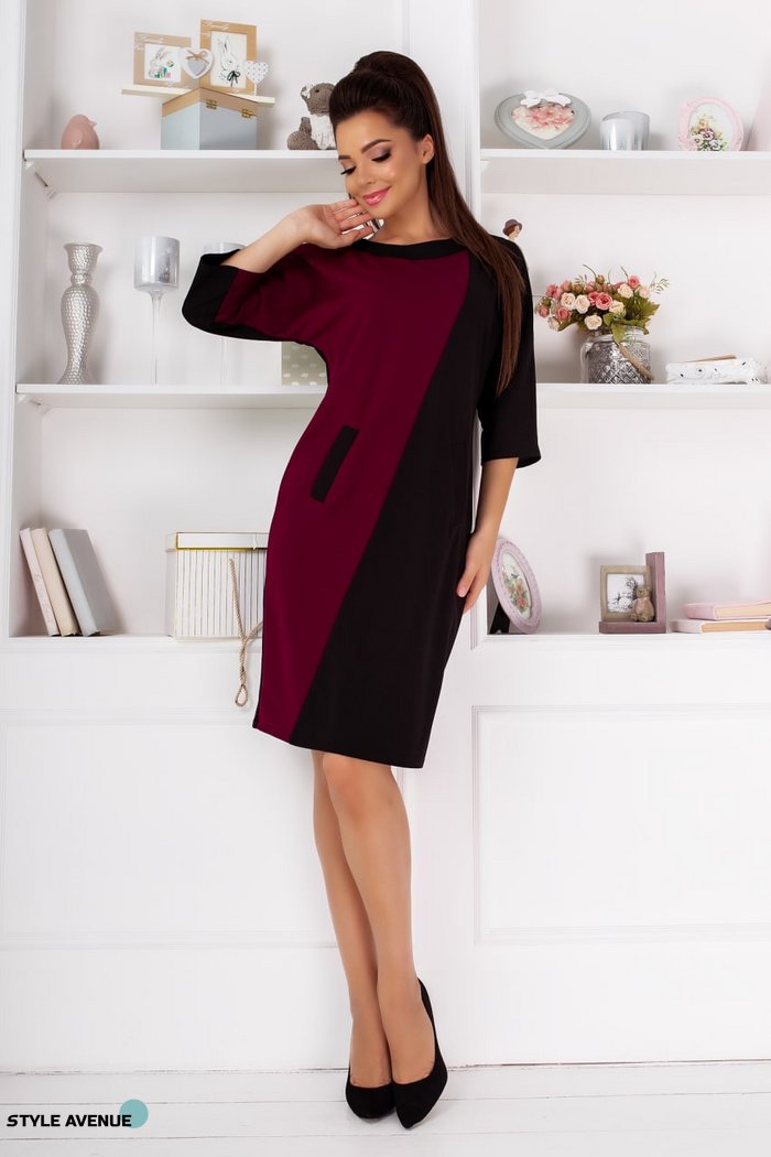 Женское двухцветное свободное платье цвета черный/марсала р.44/46 376301 376300 фото