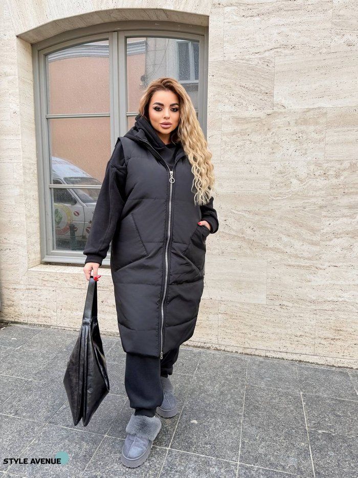 Жіночий костюм трійка подовжений жилет та спортивний костюм колір чорний (467384) 467384 фото