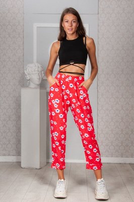 Женские брюки укороченные красные в цветочек 314900 314858 фото